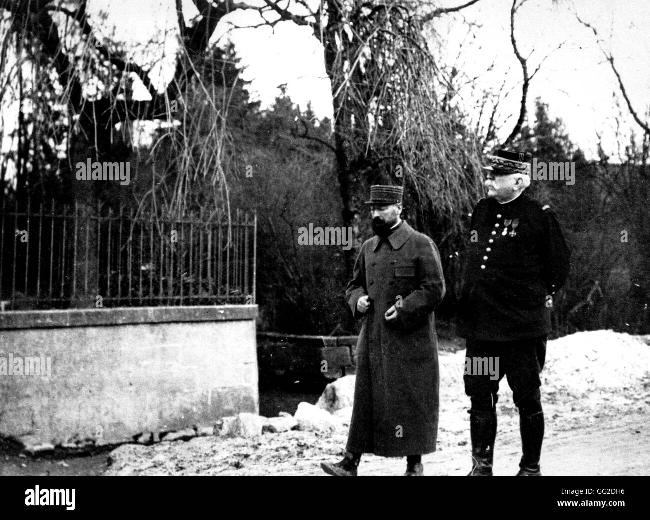 French General Joffre and Commandant Barès, aviation chief from the staff headquarters in Dieve March 14, 1916 France - World War I Vincennes. War museum Stock Photo