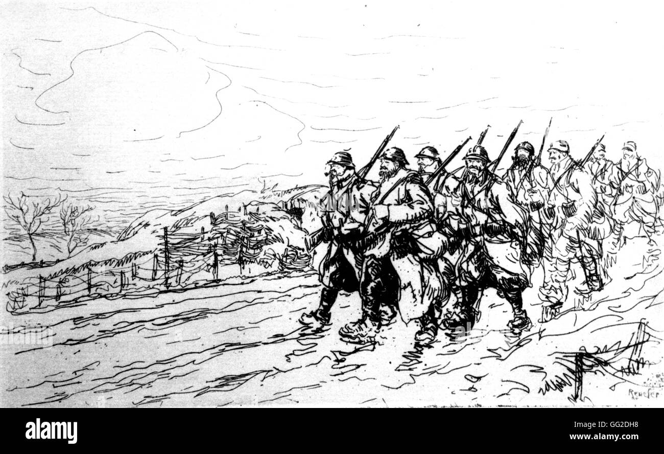 Drawing by Renefer Relief of infantry soldiers Near 1914 France - World War I Vincennes. War museum Stock Photo