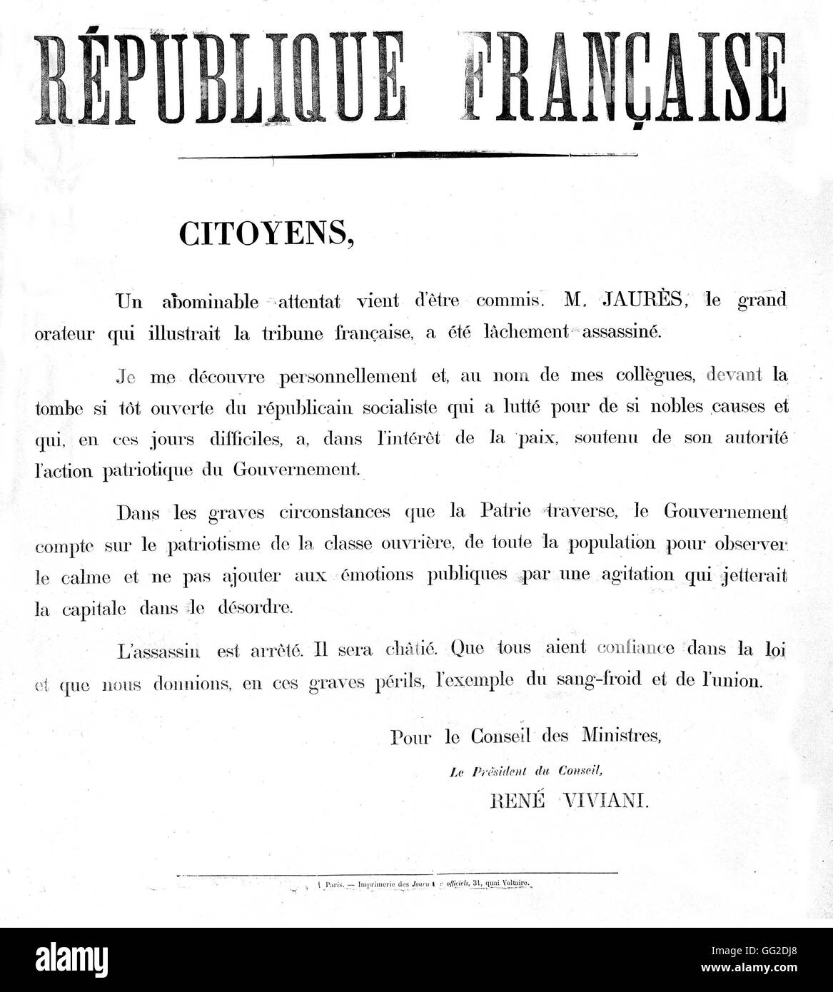 Poster published after the assassination of Jean Jaurès August 1914 France Vincennes. War museum Stock Photo