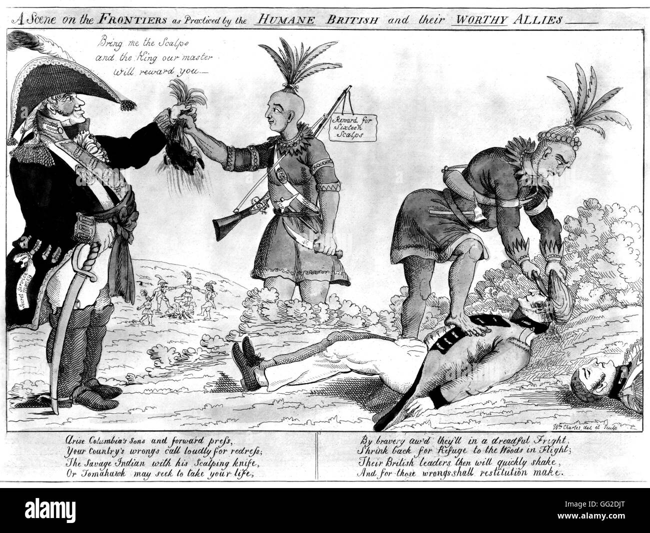 Independence War: Allied English and Indians scalping the Americans engraving by William Charles 18th century United States Washington. Library of Congress Stock Photo