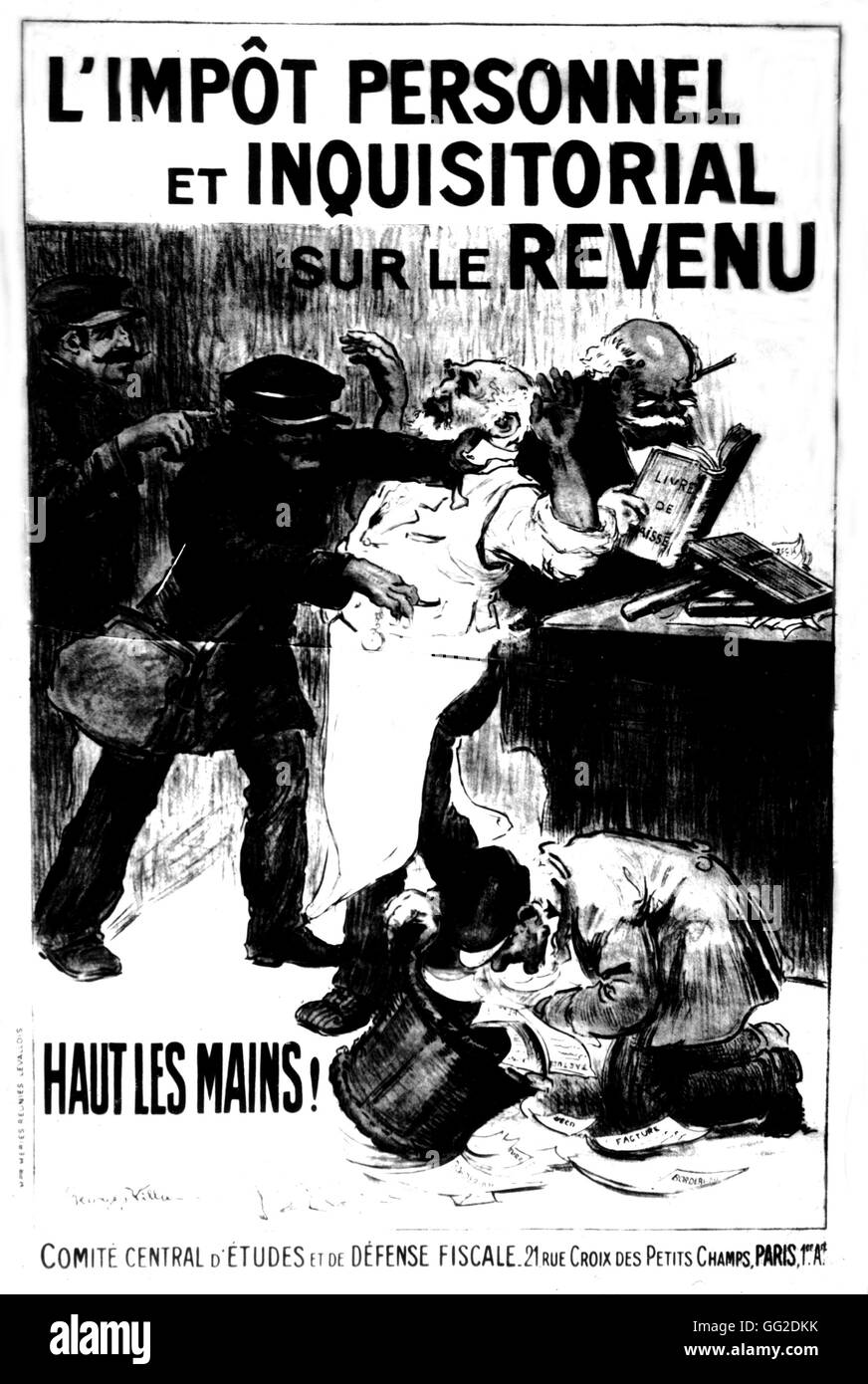 Poster illustrating the menace of personal and income taxes April 1914 France Stock Photo