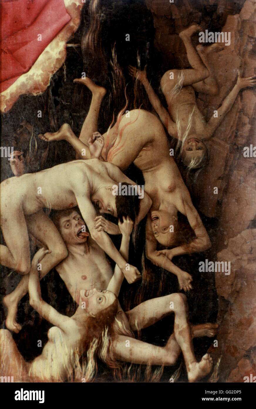 Rogier Van Der Weyden, a.k.a. Rogier de La Pasture Flemish school Detail of the altarpiece of The Last Judgement: the damned falling into Hell c.1445-1448  Oil on wood and gold leaf (215 x 260 cm, opened panels) Beaune, musée de l'Hôtel-Dieu Stock Photo