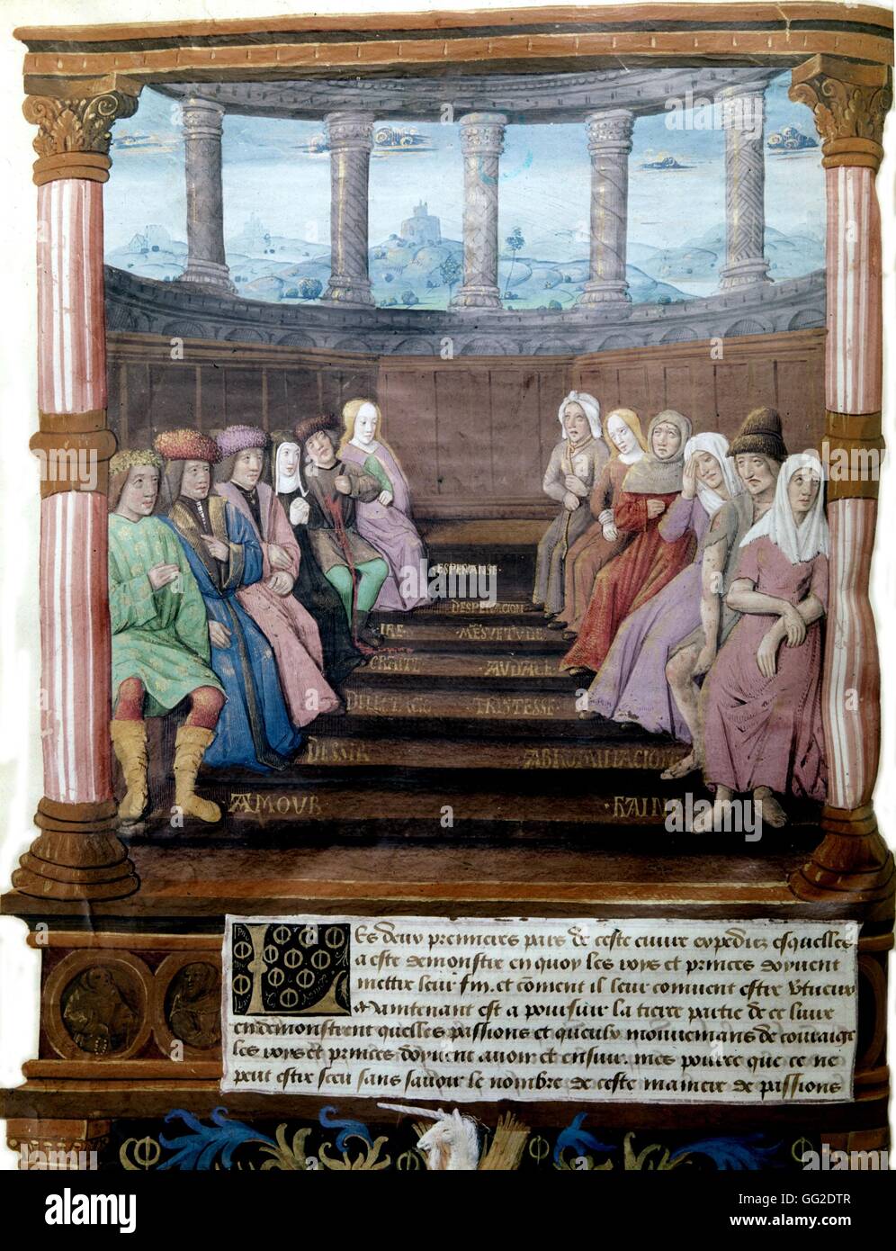 Gilles de Rome Book of the Government by Princes. Assembly of characters symbolizing Love, Hatred, Hope... c. 1510 France Paris. Bibliothèque de l'arsenal Stock Photo