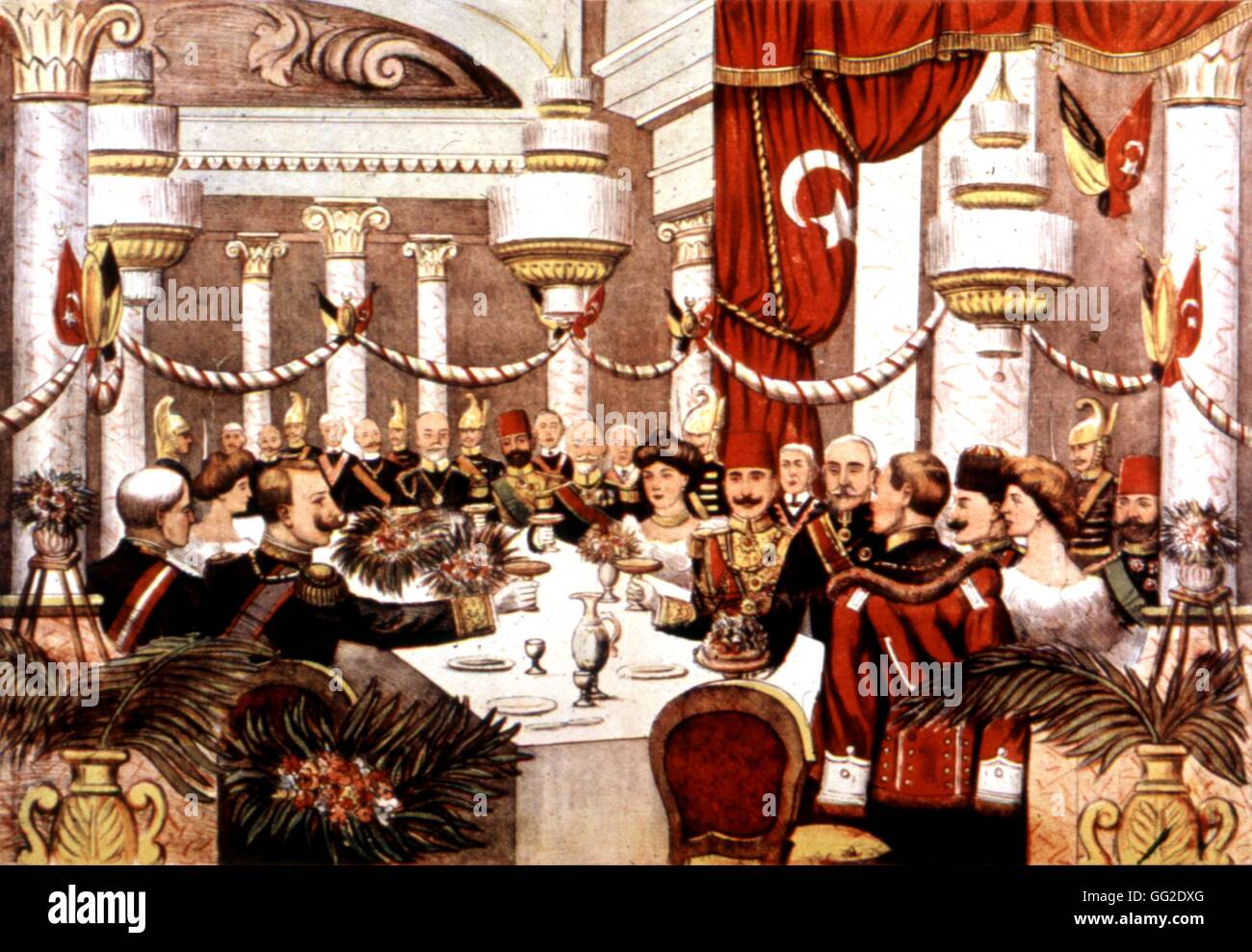 Turkish popular print, Banquet offered by German emperor to Prince Youssef Ezzudin Effendi, elderly son of Abdul Aziz, 32th ottoman monarch 20th century Turkey Washington, Library of Congress Stock Photo