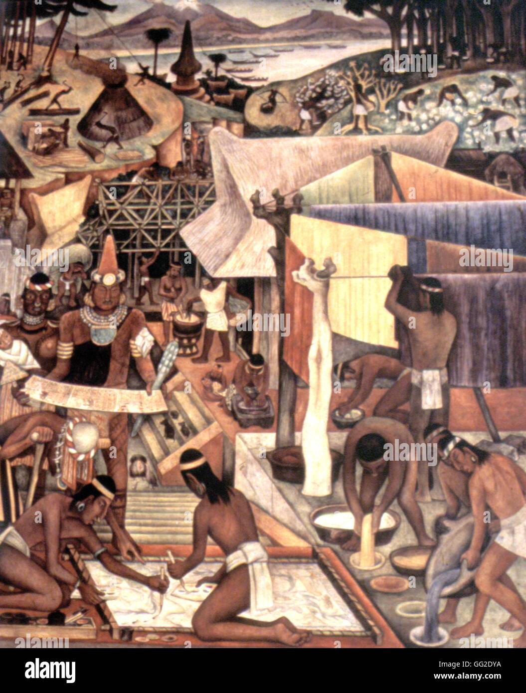 Diego Rivera (1886-1957) Fresco from the Palacio Nacional representing the Tarascan civilization (state of Michoacan) On the right, men preparing tincture for the material hang out. On the left, an astrologer predicting the future 1942 Mexico A. Grivas Stock Photo