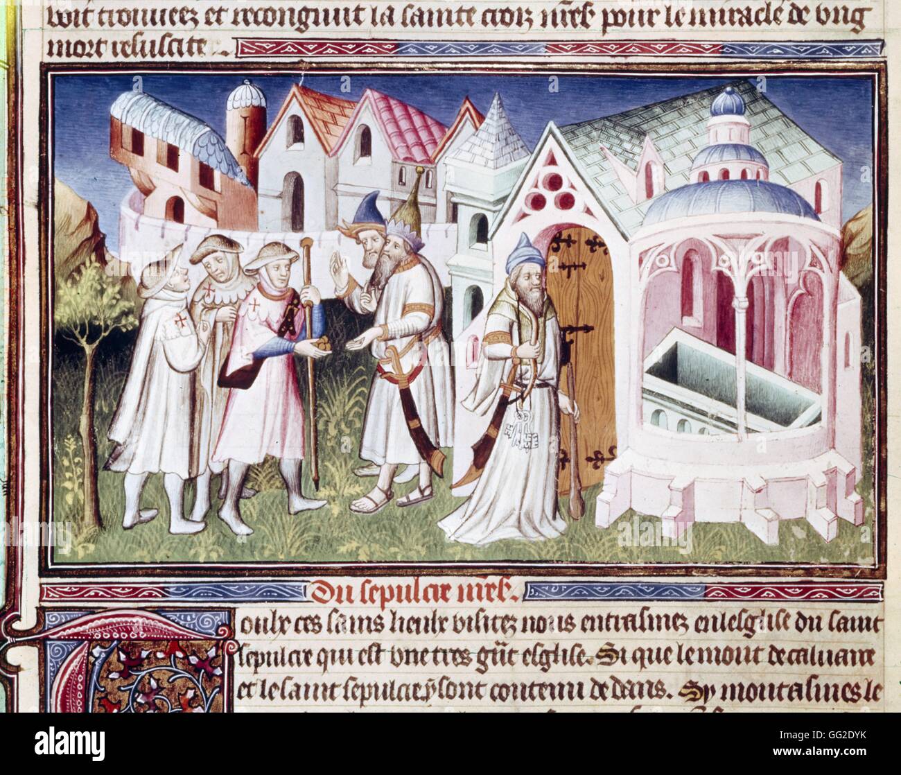 The Book of Wonders, travel stories written by Marco Polo. French manuscript illustrated by Maître de Boucicaut and Maître de Bedford - Pilgrims in front of the Jerusalem St. Sepulchre, kept by the Saracens c. 1410 Manuscript Stock Photo