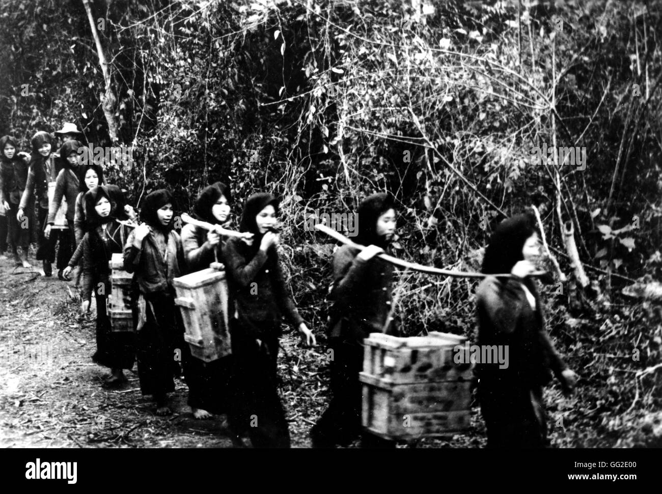 Vietnamese women take active part in the activities of the front. Here, they are shown carrying ammunitions to the troops 1954 War in Indochina Washington, Library of Congress Stock Photo