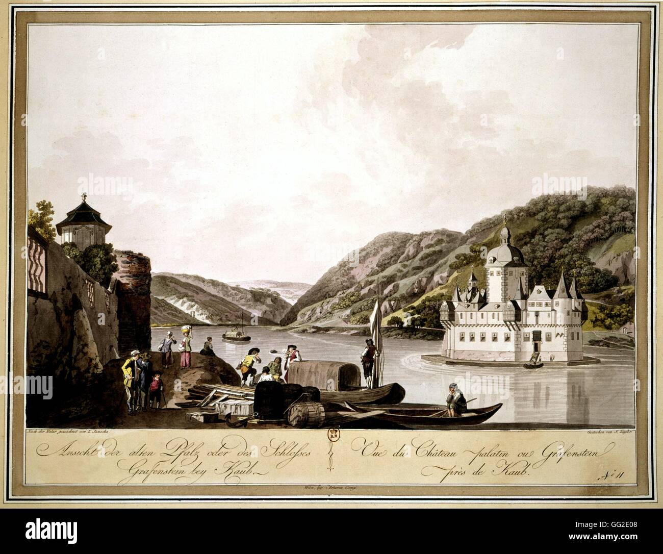 Janscha. View of the Palatine castle or Grafenstein on the Rhine river 1800 Germany Stock Photo