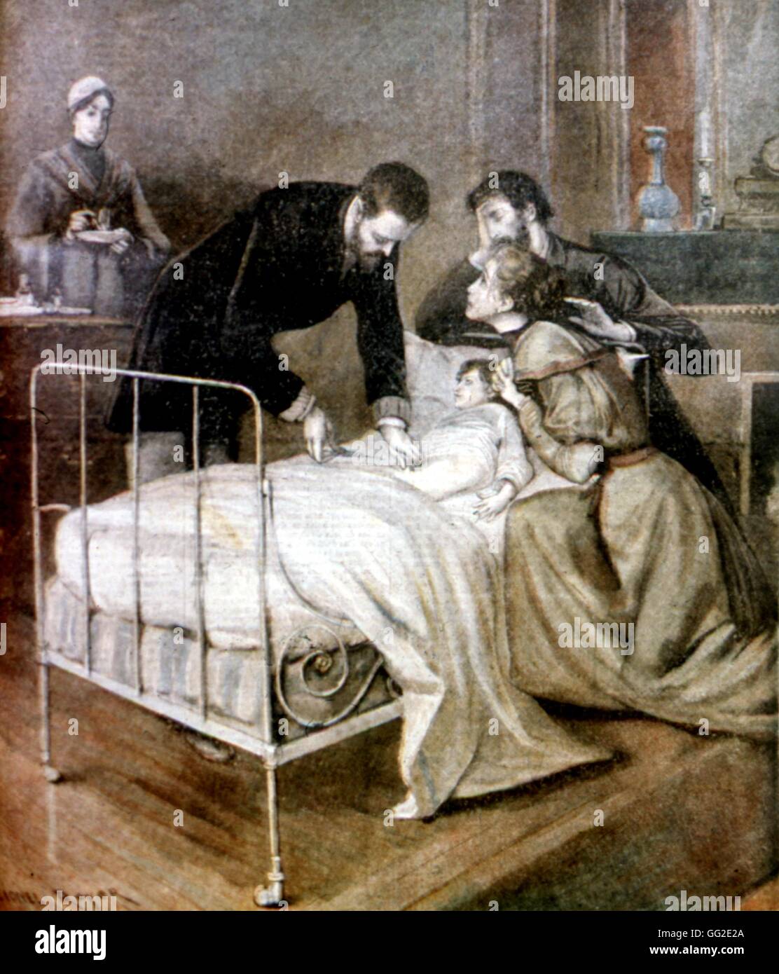 Le croup guéri par le docteur Roux (croup healed by Dr. Roux), depiction of a child being injected  1894 France Stock Photo