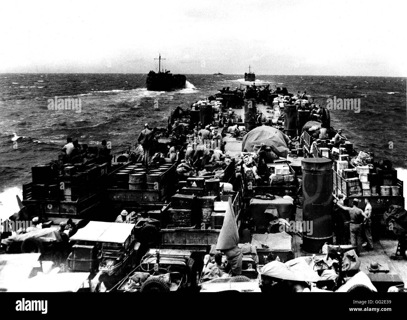 The Normandy landings: 'Marines' with their equipment on a LST's deck (Landing Ship Tank) 1944 France, Second World War war National archives, Washington Stock Photo