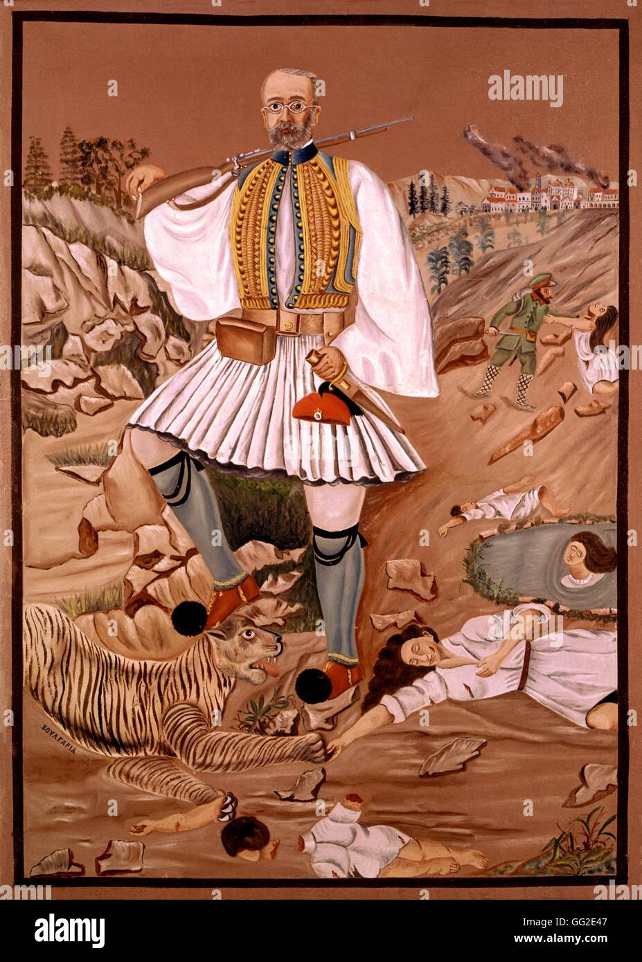 Greek popular print. Venizelos (1864-1936), hero ot the Greek independence war, in traditional costume. The tiger represents bloodthirsty Bulgaria Greece - Balkan war Athens, Private collection Stock Photo