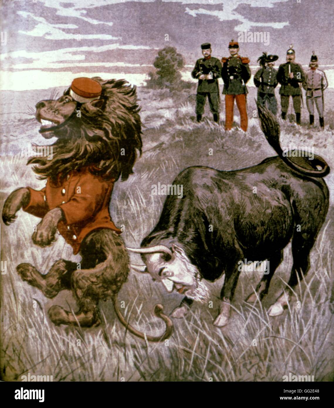 Caricature in 'Le Petit Journal','The British lion and the Boer bull' (Boer War) 1899 France Stock Photo