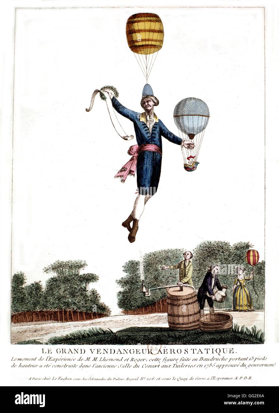 The great aerostatic grape-picker created by Lhomond and Roger.  This 13 feet-high balloon made with a bladder was fabricated in the former Tuileries concert hall in 1785 France, 1785 Stock Photo