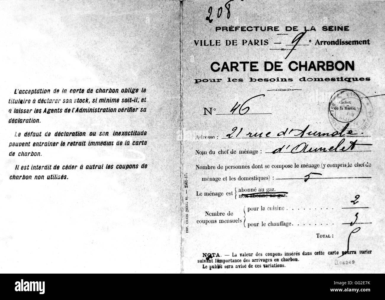 Post wartime restrictions: the coal card 1919 France, World War I Stock Photo