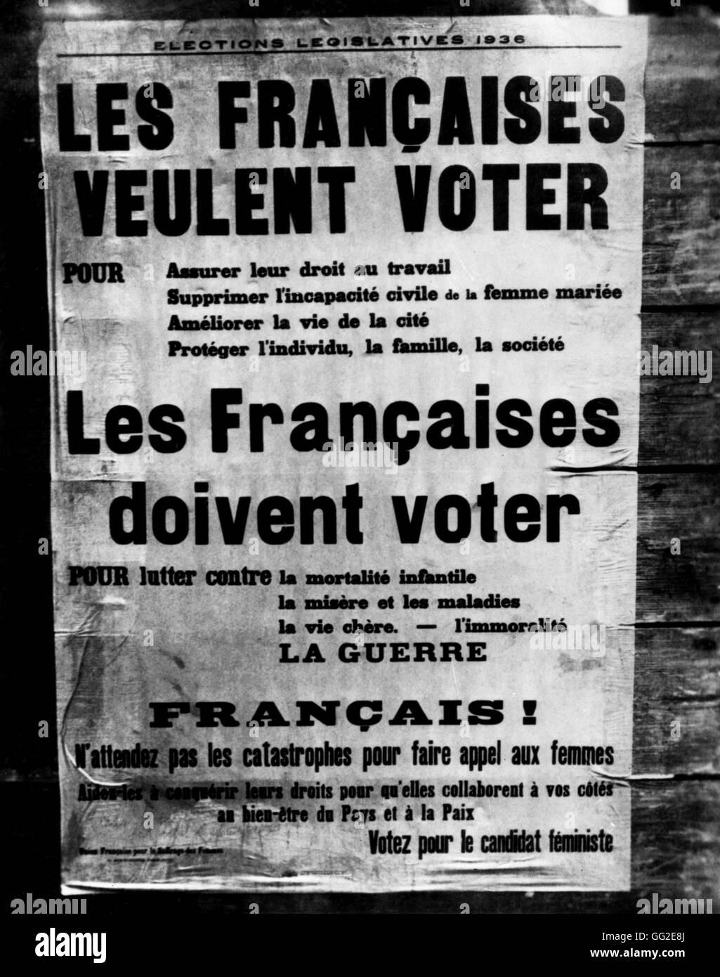 Electoral poster calling for women's suffrage in France. April 30, 1936 Stock Photo