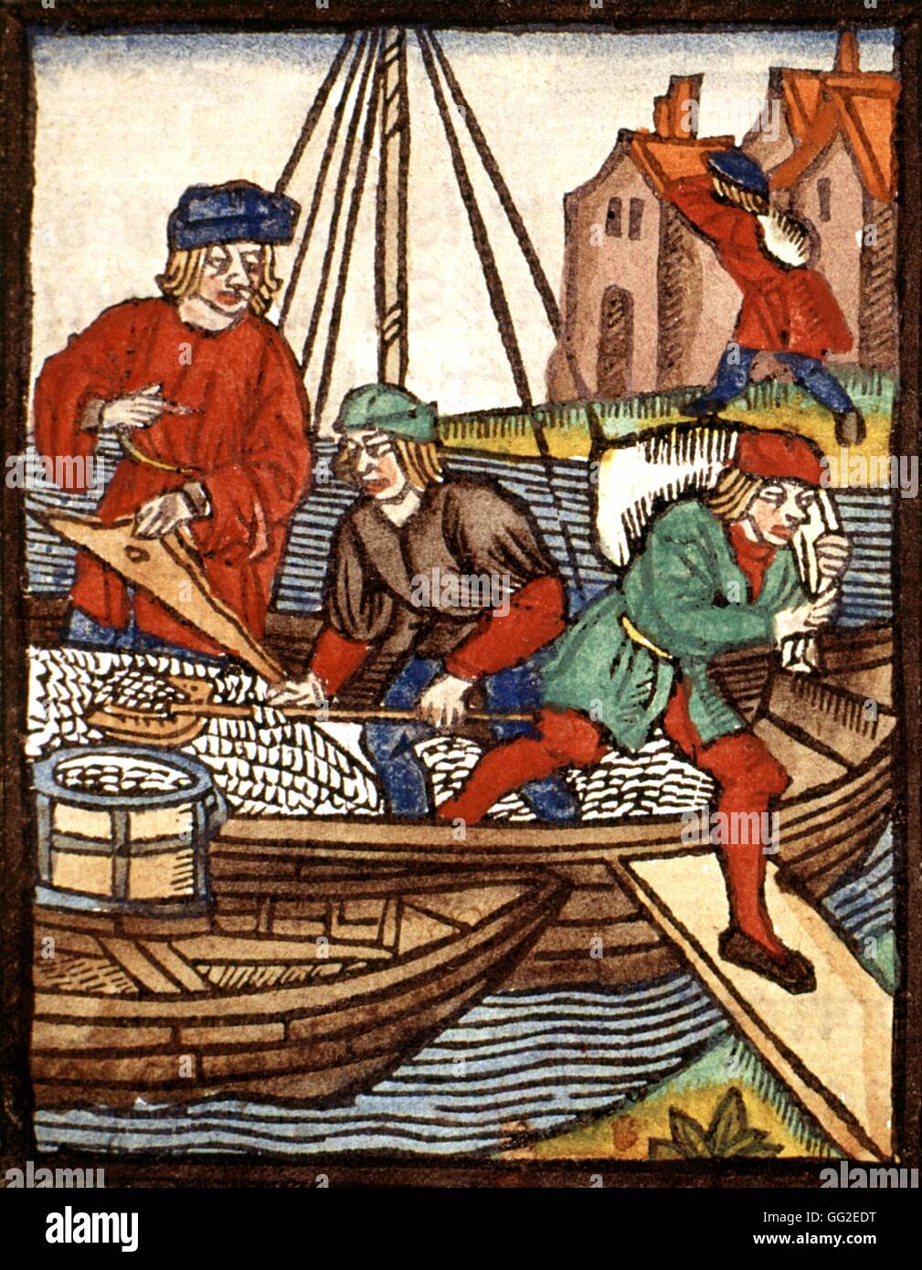 Royal decree of the Paris merchants provostship. Men unloading salt 1500 France Paris, Bibliothèque de l'arsenal Stock Photo
