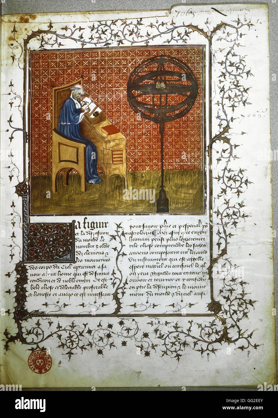 Book of the sky and the world: the astronomer at his desk, next to a sphere 15th century Nicole Oresme Paris. Bibliothèque nationale Stock Photo