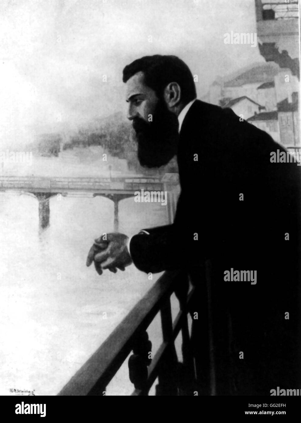 Herzl on a bridge in Basle during the 5th Zionist congress Portrait by N.P. Steinberg after a photo by E.M. Lillien 19th century Zionism Bibliothèque de l'alliance israélite universelle Stock Photo