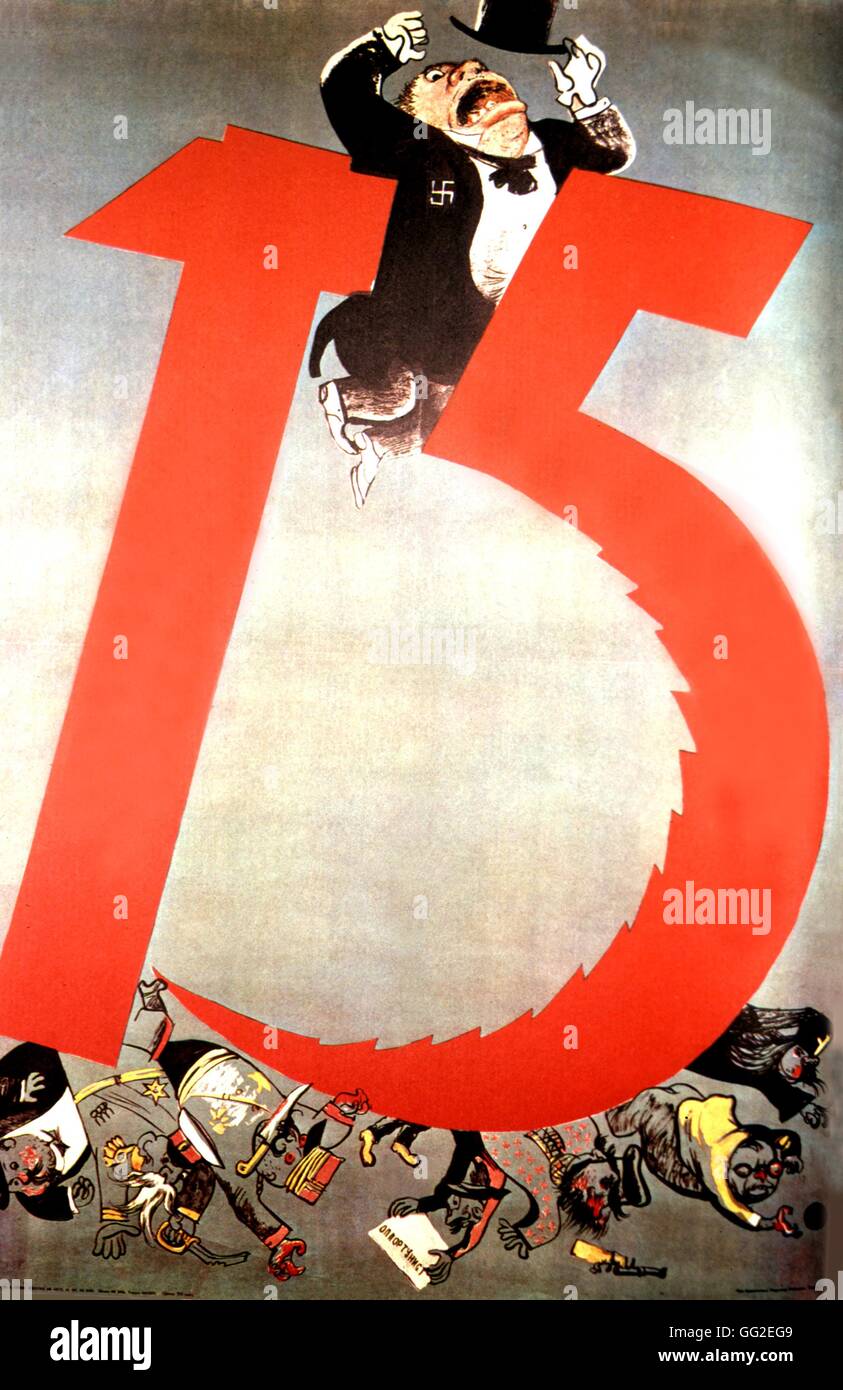 Propaganda poster by Kukryniksy workshop on the occasion of May Day 1932 May 1st, 1932 U.S.S.R. Stock Photo