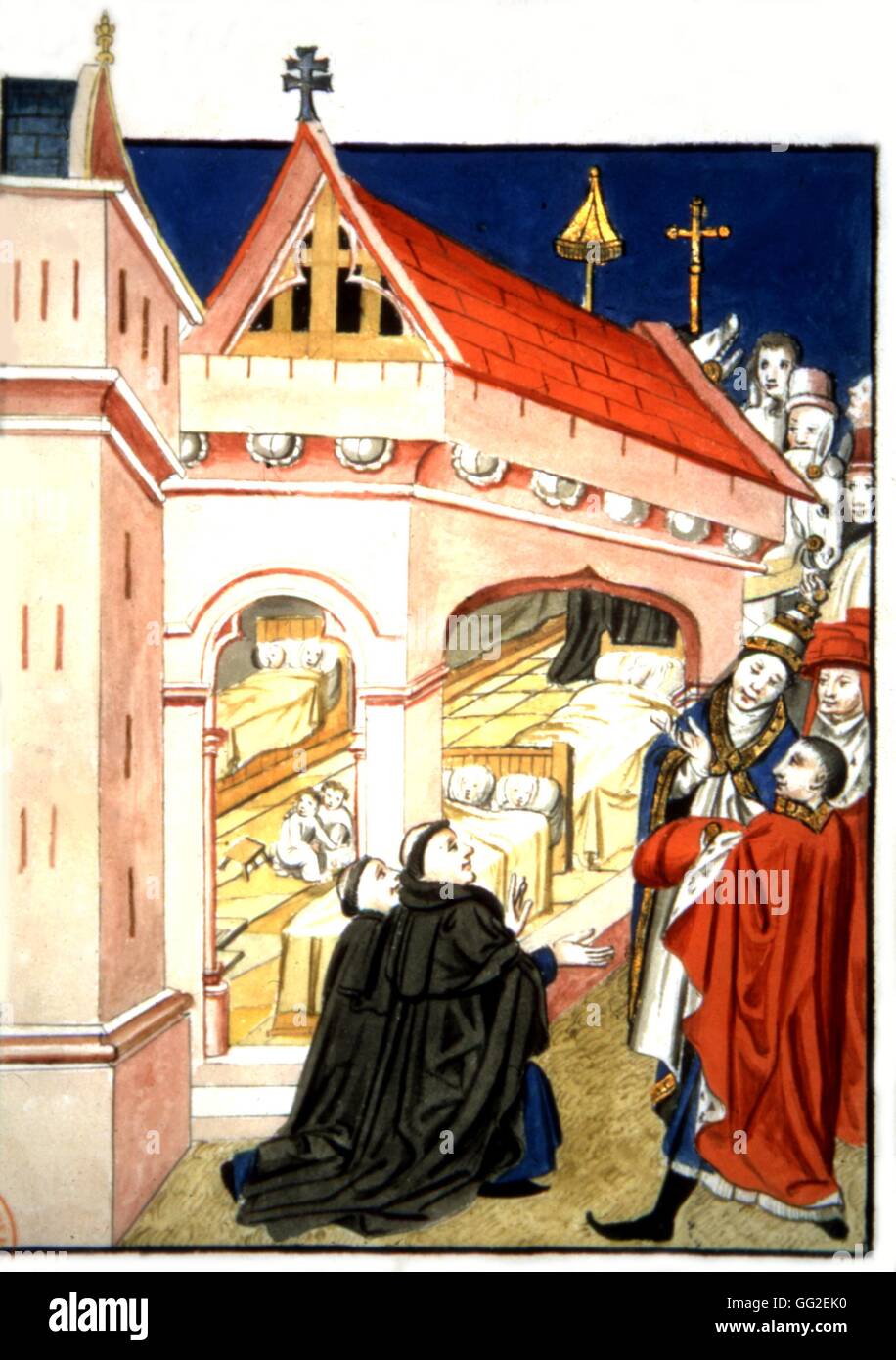 The Pope showing Duke of Burgundy the hospital in Rome. in 'History of St. Esprit Hospital in Dijon' Middle Ages France Paris. Bibliothèque de la Sorbonne Stock Photo