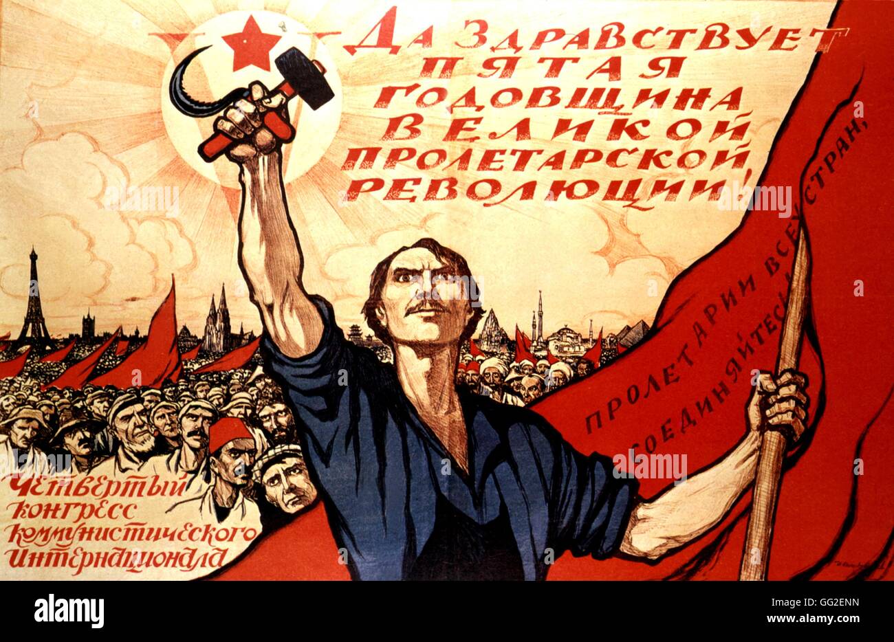 Propaganda poster by Ivan Simakov: 'Long live the 5th anniversary of the great Proletarian Revolution'. 74 x 101 cm 1922 U.S.S.R. Stock Photo