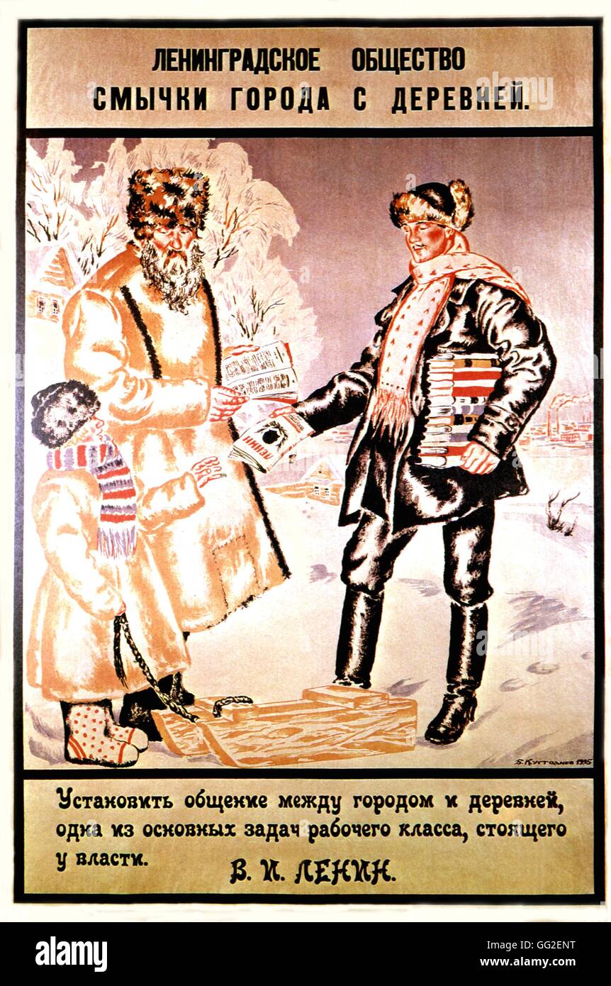 Propaganda poster by Boris Kustodiev (1878-1927): 'To establish links between cities and villages is the duty of the Popular Power. (quotation from a text by Lenin) 108 x 72 cm 1925 U.S.S.R. Stock Photo