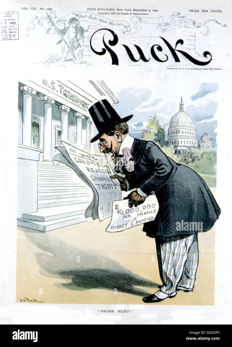 Satirical cartoon in 'Puck' about the Panama Canal September 1903 United States Washington. Library of Congress Stock Photo