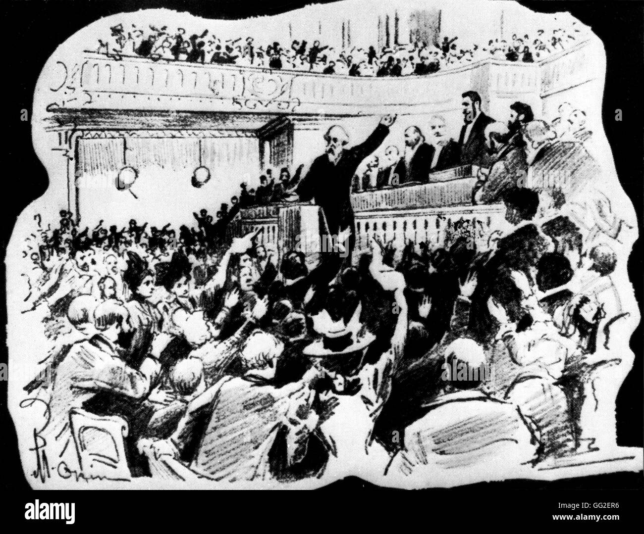 Rabbi Ruelf suggesting a vote to thank the president of the Congress, M. Herzl Illustration by Okin 1898 Zionism Stock Photo