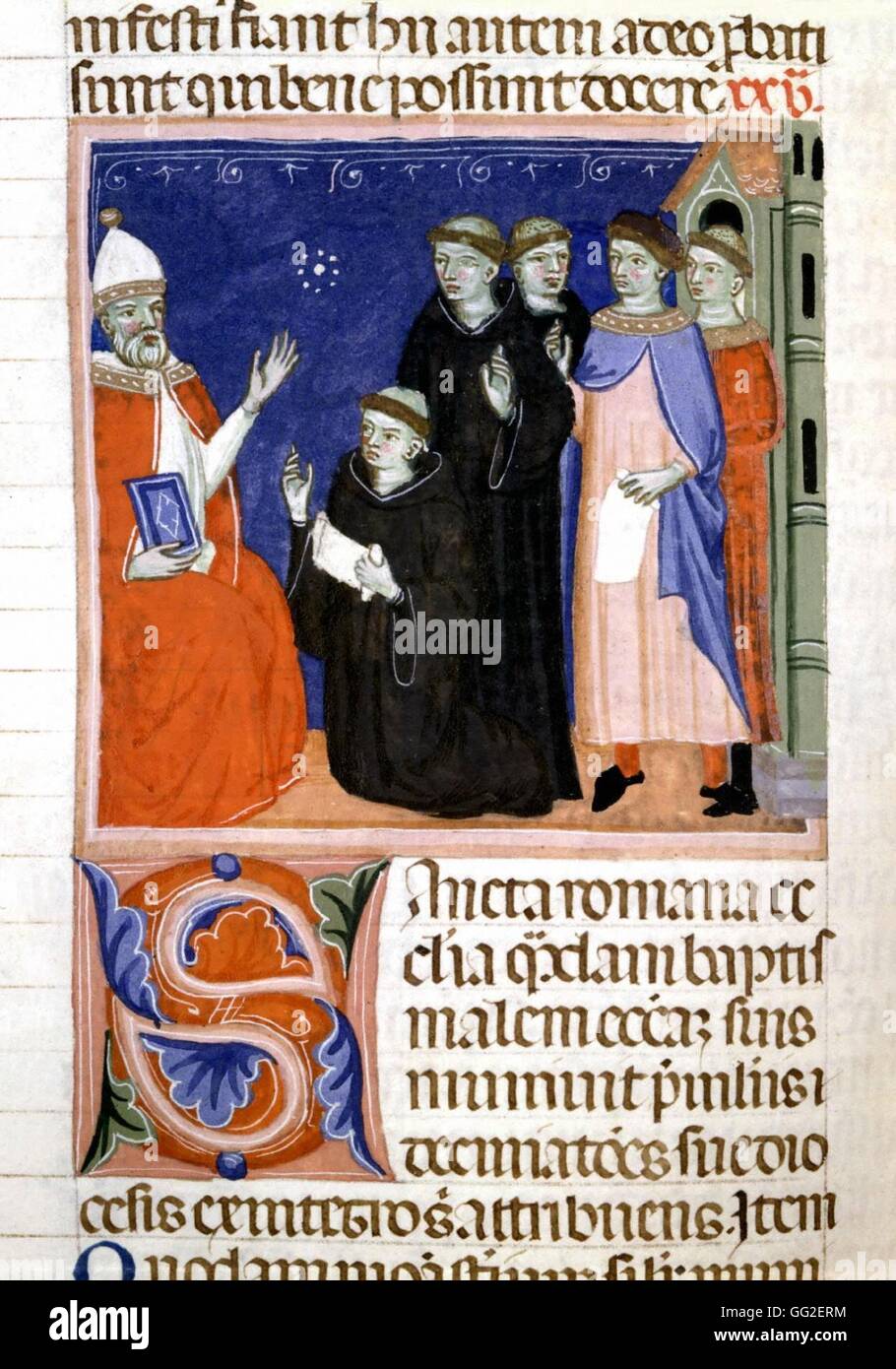 Decree of Graziano, 12th-century Bolognese monk: mendicant friars presenting a a petition to the pope. The decree long served as the basis for school teaching. 14th C Italy Paris. Sorbonne Library Stock Photo