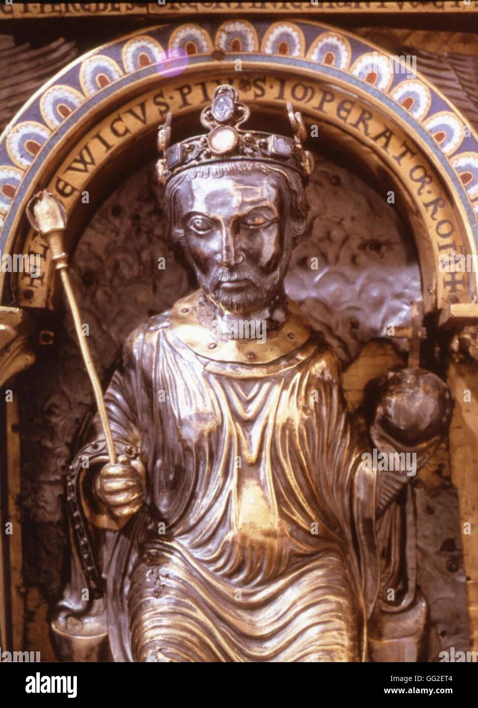 Aachen Treasure. The Charlemagne reliquary, ca. 1215. Detail: King Louis I (778-840) Middle Ages France Germany / Aachen Cathedral Stock Photo