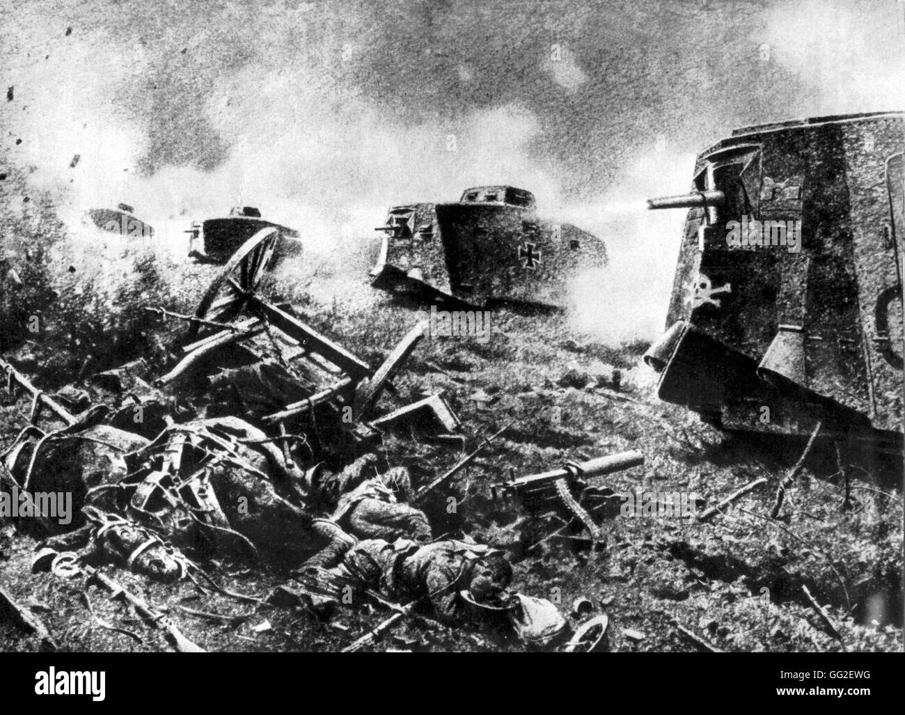 German tanks firing at Villers-Bretonneux April 24, 1918 France - World War I Stock Photo
