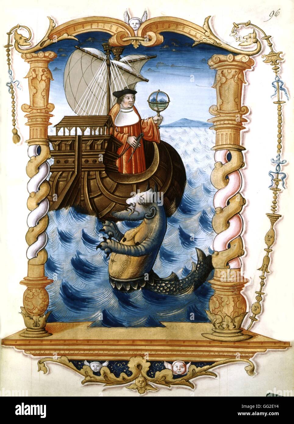 Royal songs on the crowned Conception of the Puy de Rouen (1519-1528). On a boat, an astronomer holding a compass and a globe in his hands. A sea monster accompanies the boat. 16th century France Stock Photo