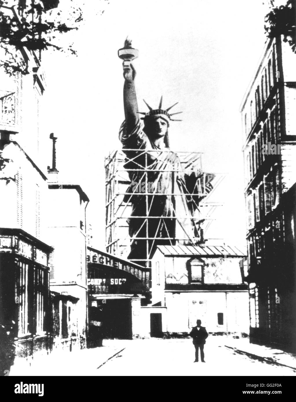 Scale model of the Statue of Liberty created by Bartholdi, photographed in Paris, seen from the