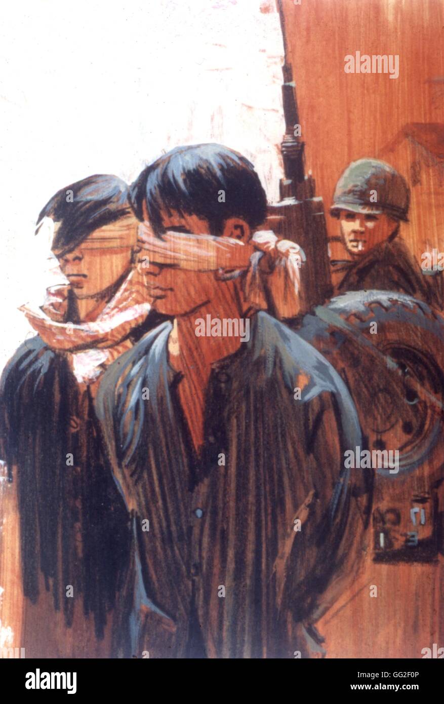 Painting by Ronald A. Wilson. 'Vietcongs arrested by soldiers of the 1st division' 1968 Vietnam War U.S. Army Stock Photo