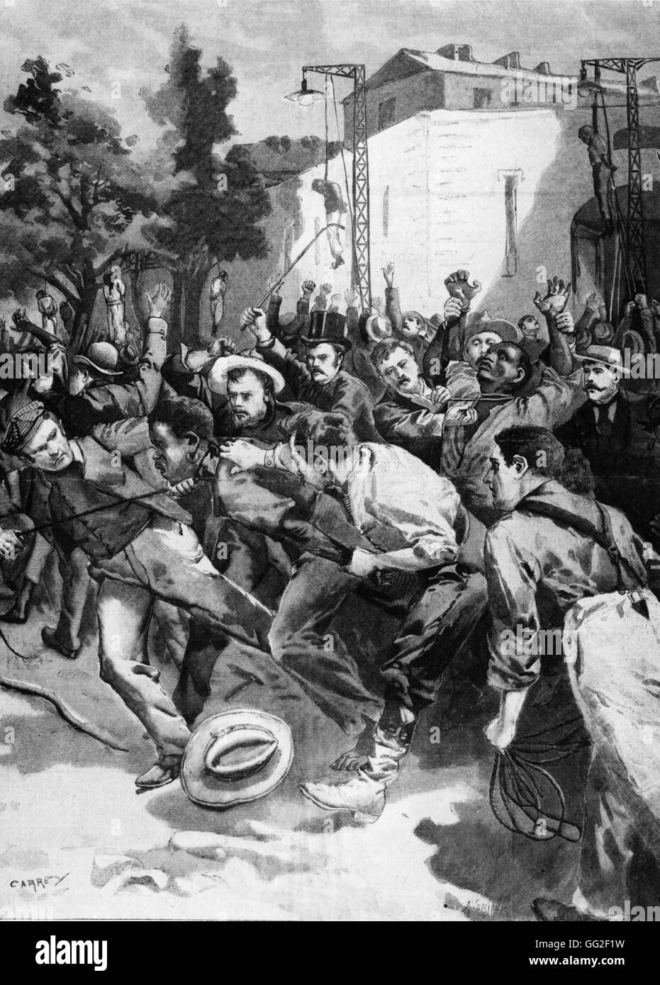 Civilians lynching black people accused of having assassinated a white woman 1848 United States Stock Photo