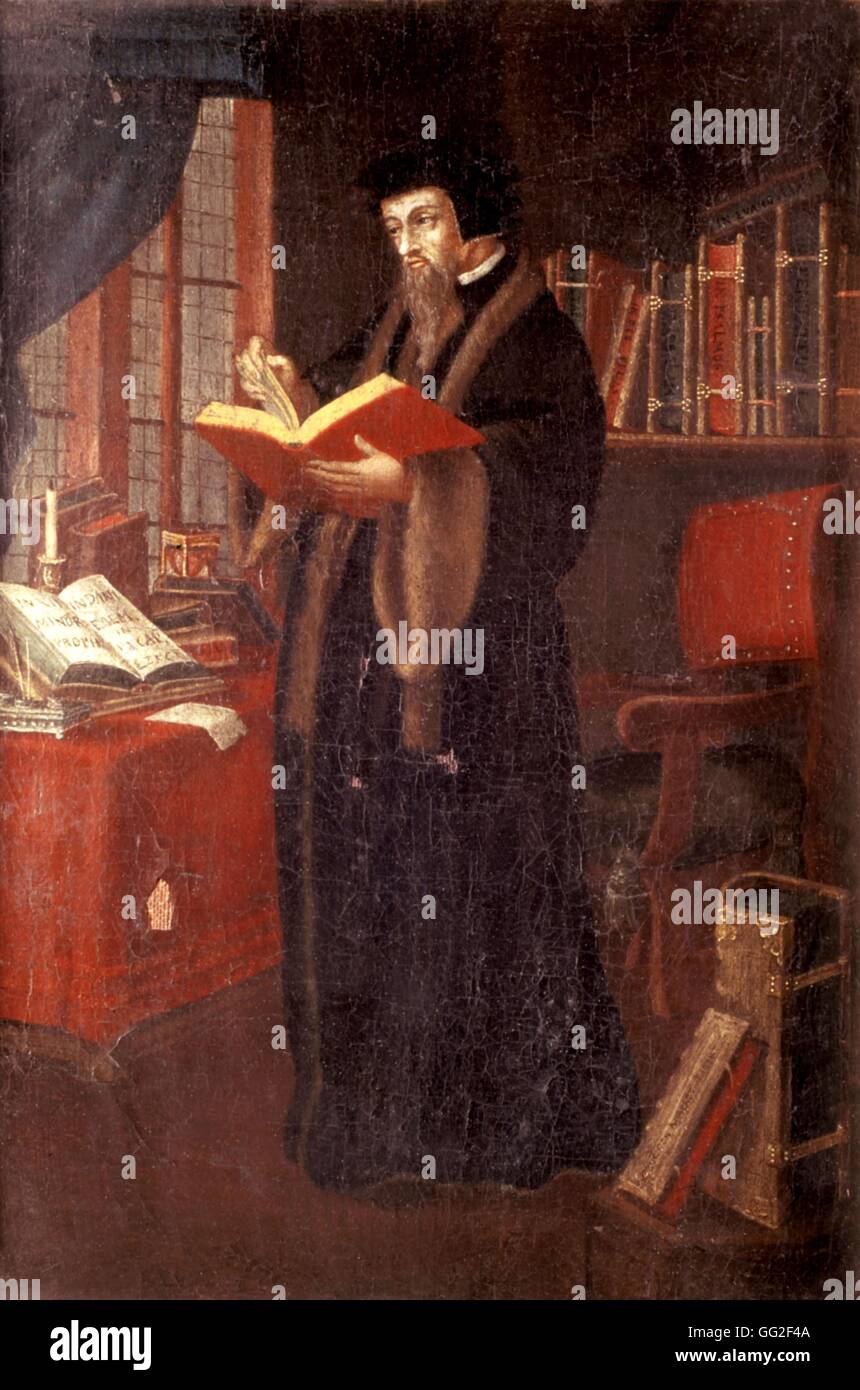 Calvin in his study Paris. Bibliothèque historique du protestantisme français 17th century Anonymous Stock Photo