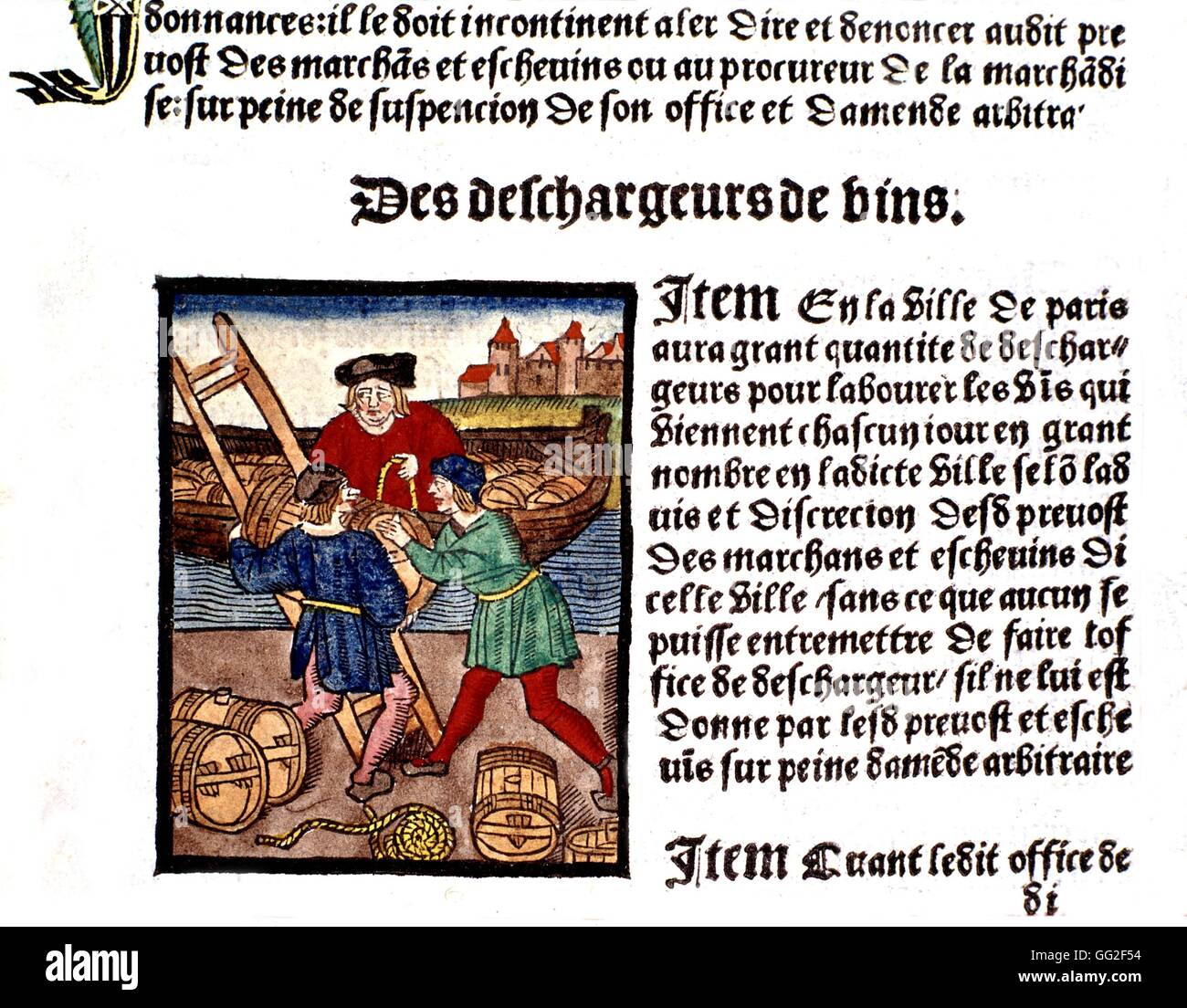 Royal decree of the Paris merchants provostship. Men unloading wine 1500 France Paris. Bibliothèque de l'arsenal Stock Photo