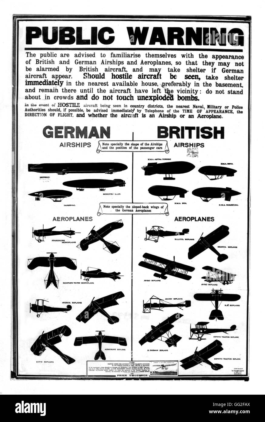 England. Poster permitting one to distinguish English planes from German planes 20th World War I Stock Photo