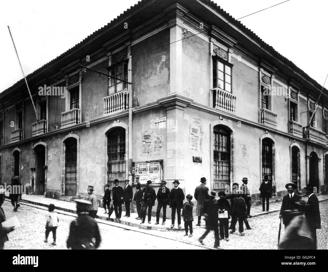 A street in Santiago. Political posters on the walls c.1900 Chile Washington. Library of Congress Stock Photo