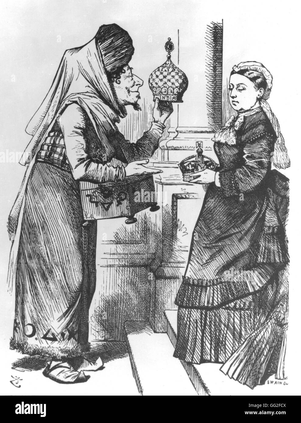 Tenniel Disraeli giving the crown of India to Queen Victoria Cartoon in Punch