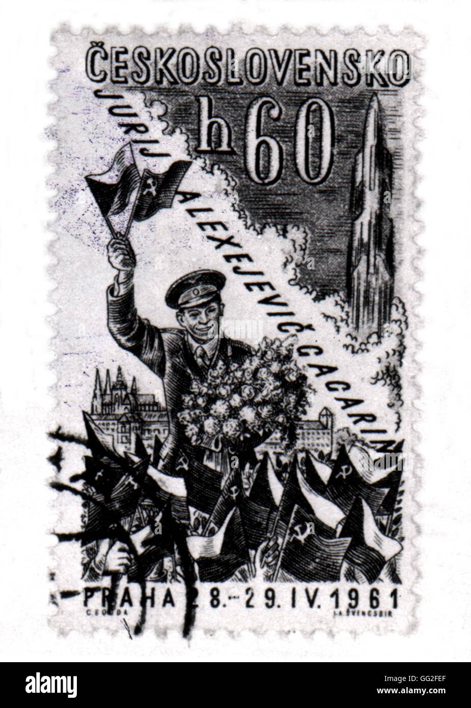Postage stamp celebrating Yuri Gagarin's space flight 1961 Czechoslovakia Stock Photo
