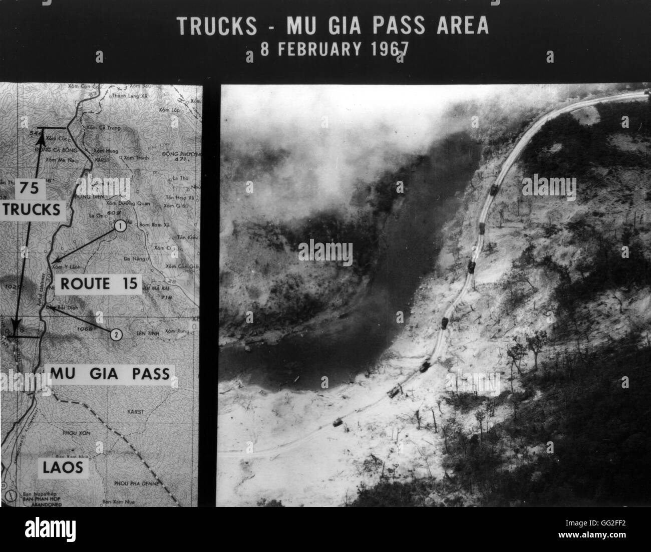The Mu Gia Pass, located near the Annamite chain, separates Vietnam from the lakes. On February 8, 1967, many trucks were spotted heading South on Route 15, towards Mu Gia Pass. The picture shows seven of these trucks moving on a difficult path. February Stock Photo
