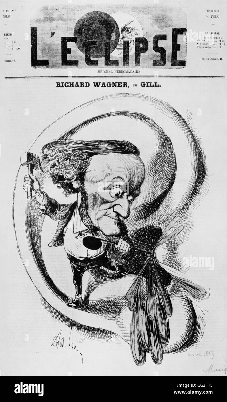 Caricature of Richard Wagner, by André Gill Cover of L'Eclipse, 18th April 1869 Engraving Stock Photo