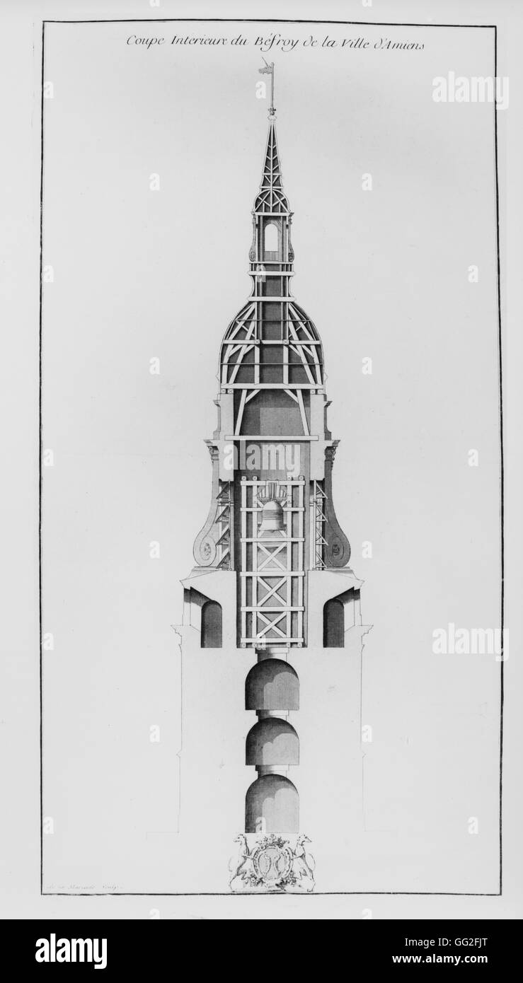 Cross-section of the Amiens belfry made for its reconstruction after the great fire of April 16, 1742. Engraving c.1749 Stock Photo