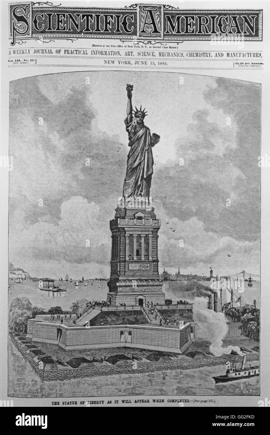 The Statue of Liberty in New York Illustration published in 'Scientific American' in 1885 before the end of the construction. The caption of the engraving is: 'The Statue of Liberty as it will appear when completed'. It will be inaugurated one year after, Stock Photo