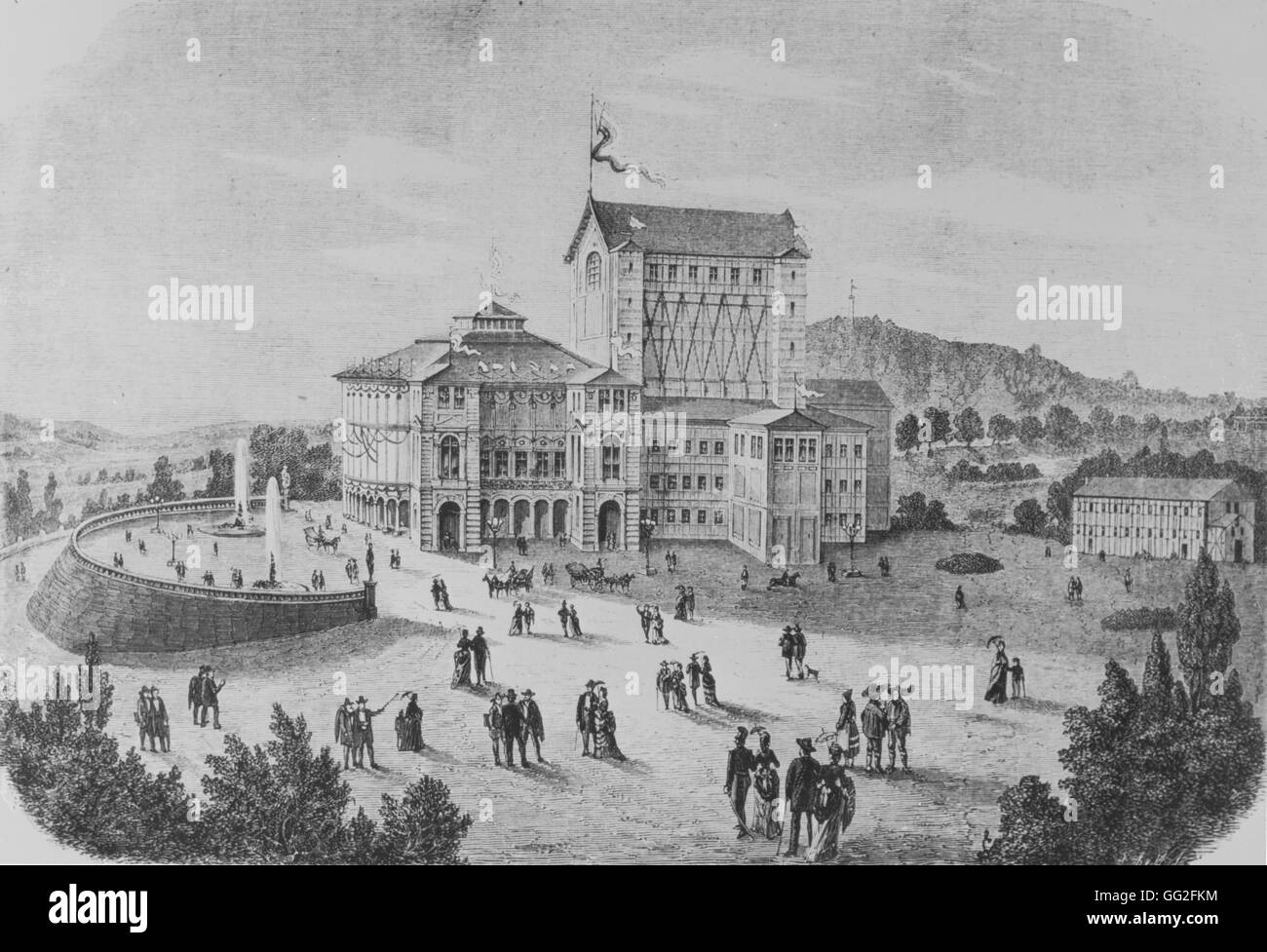 The Bayreuth Festspielhaus, opera house solely dedicated to the performance of operas by Richard Wagner. Engraving made in 1876, the year the opera house was inaugurated Stock Photo