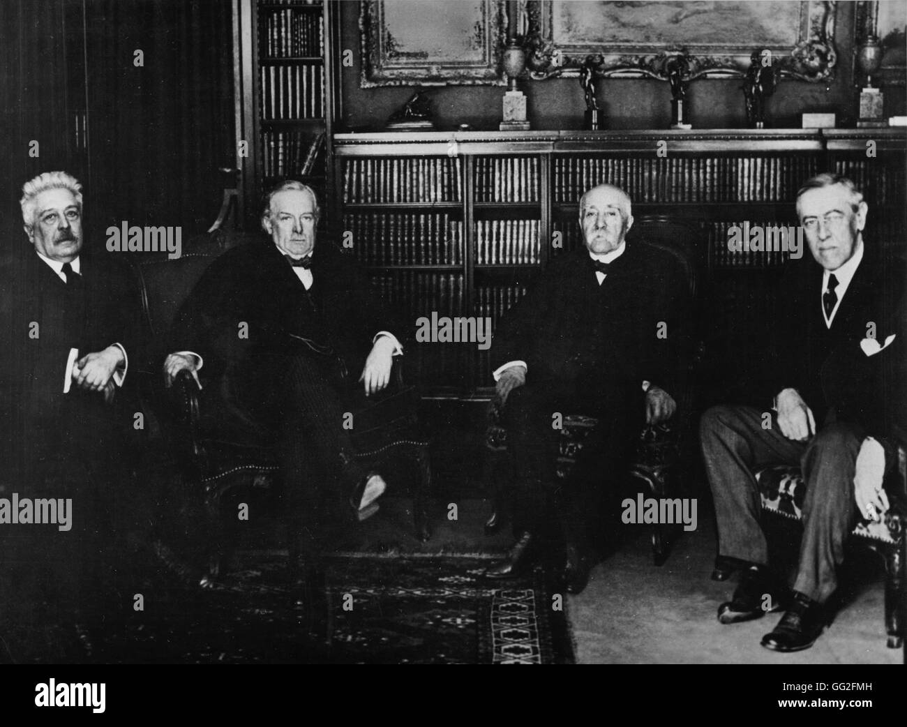 World War One. The 'Great Leaders' before the peace conference (1919). From left to right : Vittorio Orlando (for the Italians), Lloyd George (for the English), Georges Clémenceau (for the French), Woodrow Wilson (for the Americans). Stock Photo