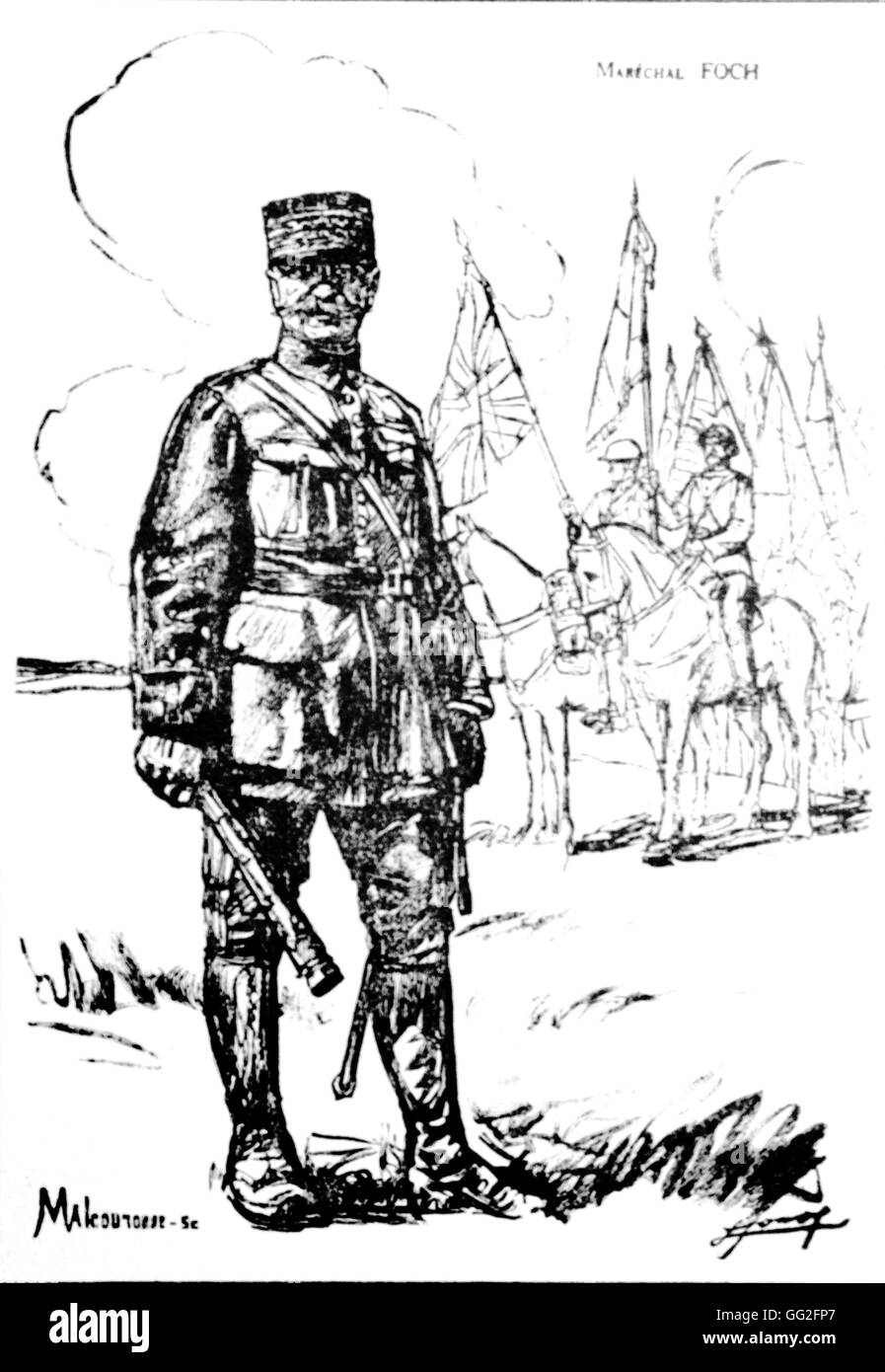 First World War. Portrait of Marshal Foch. Drawing by Lucien Jonas. Print by Malcouronne. In : 'La Guerre racontée par nos généraux', Paris, Librairie Schwarz, 1920. Stock Photo