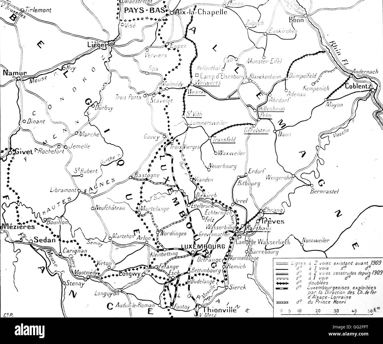 First World War.  Map of the region where the path of the right wing of the German army is marked, crossing Luxembourg and Belgium Stock Photo