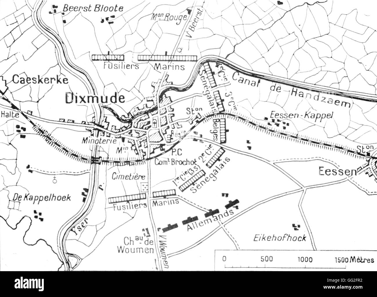 First World War. Map showing the occupied positions of the troops who helped defend Dixmude from the 7th October to the 10th November 1914. Stock Photo